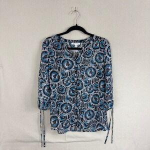 JM Collection Womens Blue Grey Abstract Print Button Front 3/4 Tie Blouse 6